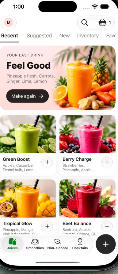 Drinx home screen with colorful drink recipes